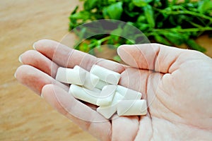 Gum pads in hand against the background of a bunch of fresh mint