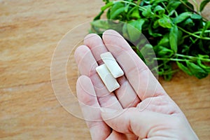 Gum pads in hand against the background of a bunch of fresh mint