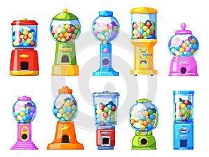 Gumballs vending machines. Colorful cartoon dispensers with round chewing candies, full sweets retro robots, different