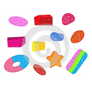 Gumdrops Candy collection. Different shapes of sweets. Isolated elements on white background. Vector illustration.