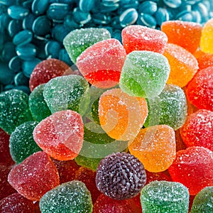 Gummies of different colors and flavors. ChucherÃÂ­as para niÃÂ±os y adultos. Gominolas background photo