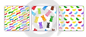 3 Gummy bear, jelly worms and beans sweet candy seamless pattern set
