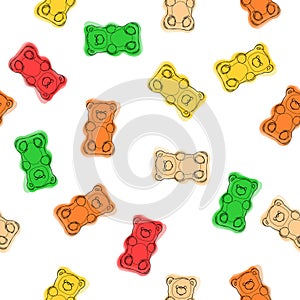 Gummy bears candies hand drawn seamless colorful pattern. Gummy bears candies background.