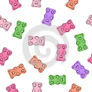 Gummy bears candies hand drawn seamless colorful pattern. Gummy bears candies background. Vector pattern