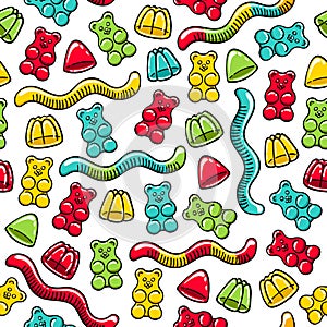 Gummy bears and jelly worms seamless pattern.