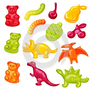 Gummy candy vector illustration set. Cartoon cute sweet jelly bear, marmalade worm, colorful sugar animal food icons