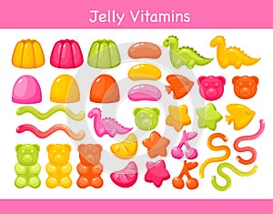 Gummy chewing vitamins jelly with fruit flavor set, colorful sweet bright gum vitamins