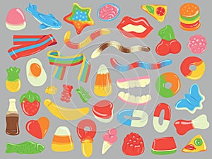 Collection of colorful cartoon gummy and jelly candies. Isolated hand drawn vector illustrations.