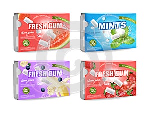 Gums Vector realistic set collection. Product placement detailed label design. Packaging advertise. Fruit and mint