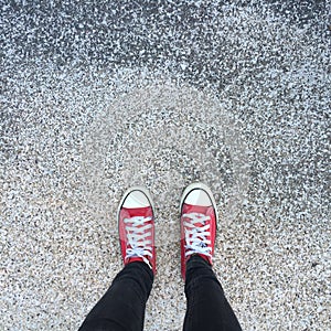 Shoes on road background. Image of legs on city street. Feet shoes walking in outdoor. Youth Selphie Modern hi