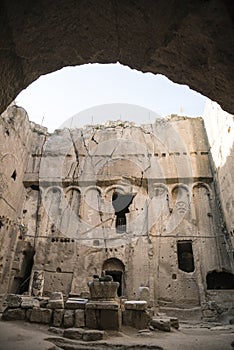 Gumusler monastery carved into a rock block, Cappadocia region, NiÄŸde.