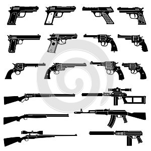 Gun and automatic weapon vector icons. Military combat firearms pictograms