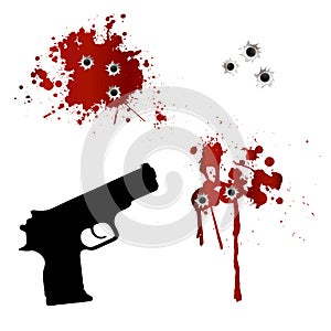 Gun with bullet holes and blood
