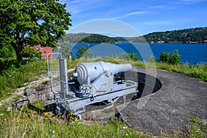 Gun emplacement with view of DrÃ¸bak Sound, Oscarsborg Fortress, historic WW2 site in Norway