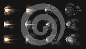 Gun flash. Realistic muzzle flash and shotgun fire and smoke special effects isolated on transparent background. Vector