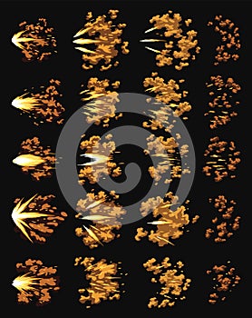 Gun flashes or gunshot animation. Collection of fire explosion effect during the shot with the gun. Cartoon flash effect photo