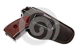 Gun in a holster on white background.
