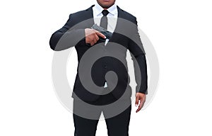 Gun man in black suit pulling pistol from gun cabinet on white background. Concept of assassination, murder, criminal, photo