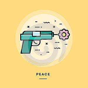 Gun shooting flower, flat design thin line banner