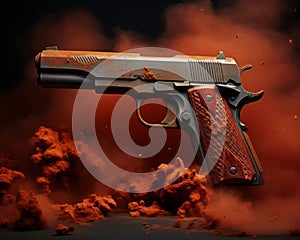 a gun with smoke coming out of it on a black background