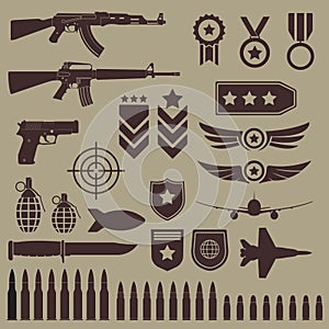 Gun, weapons and military icon set. Sub machine guns, pistol and bullets icons. Symbolics and badge for army. Vector illustration. photo