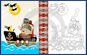 Gunboat cartoon with funny soldier, coloring page or book