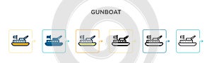 Gunboat vector icon in 6 different modern styles. Black, two colored gunboat icons designed in filled, outline, line and stroke