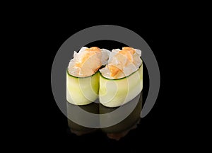 Gunkan maki sushi with scallops, black background