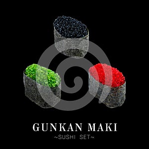 Gunkan sushi set pattern with flying fish roe Tobiko caviar isolated on black background ready food banner with text space