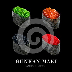 Gunkan sushi set pattern with flying fish roe Tobiko and salmon caviar isolated on black background ready food banner with text