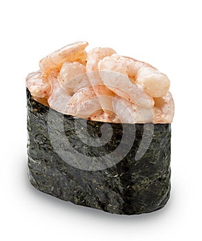 Gunkan sushi with shrimp on white background. Isolated