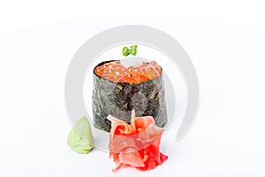 Gunkan sushi stuffed with red salmon caviar.