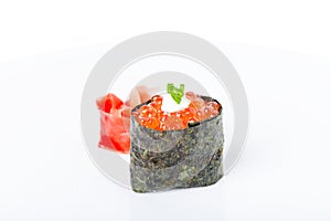 Gunkan sushi stuffed with red salmon caviar.