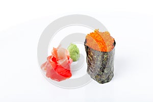 Gunkan sushi stuffed with red tobiko caviar.