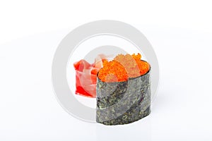 Gunkan sushi stuffed with red tobiko caviar.