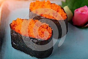 Gunkan sushi tobiko sushi or flying fish`s roe sushi serve in Japanese style food