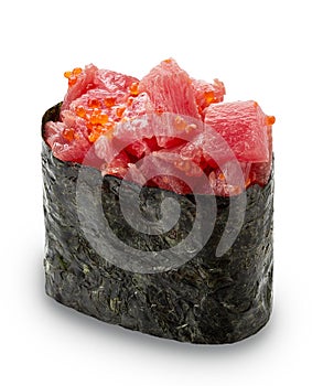 Gunkan sushi with tuna and tobiko on white background. Isolated