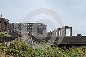 Gunkanjima with light fog