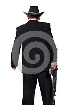 Gunman in black back-shot photo on white