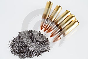 Gunpowder and Hunting cartridges caliber 308 Win on a white background
