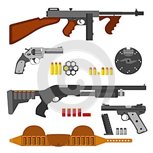 Guns flat set, machine gun, thompson rifle, revolver, pistol, shells.