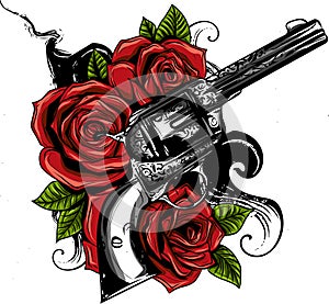 Guns and rose flowers drawn in tattoo style. Vector illustration.