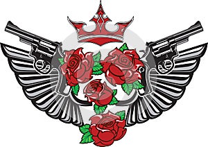 Guns, steel wings, red roses and crown.