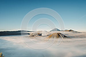 Gunung Bromo or Bromo Mountain is covered by clouds in the morning