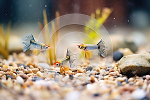 guppies with colorful tails near a gravel bed