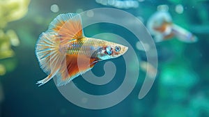 guppies fish swimming in water with blurred coral background