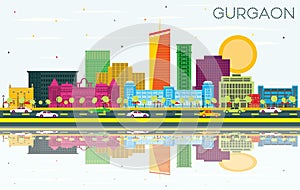 Gurgaon India City Skyline with Color Buildings, Blue Sky and Reflections