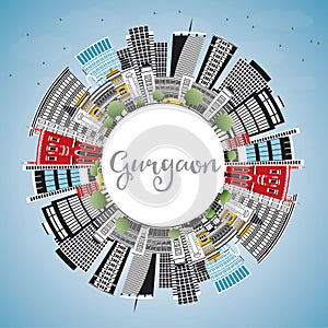 Gurgaon India City Skyline with Gray Buildings, Blue Sky and Copy Space