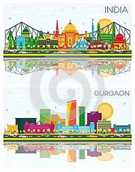 Gurgaon and India City Skyline Set with Color Buildings