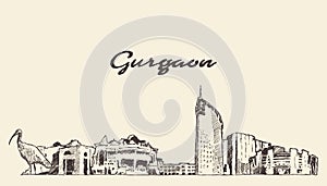 Gurgaon skyline Haryana India drawn vector sketch